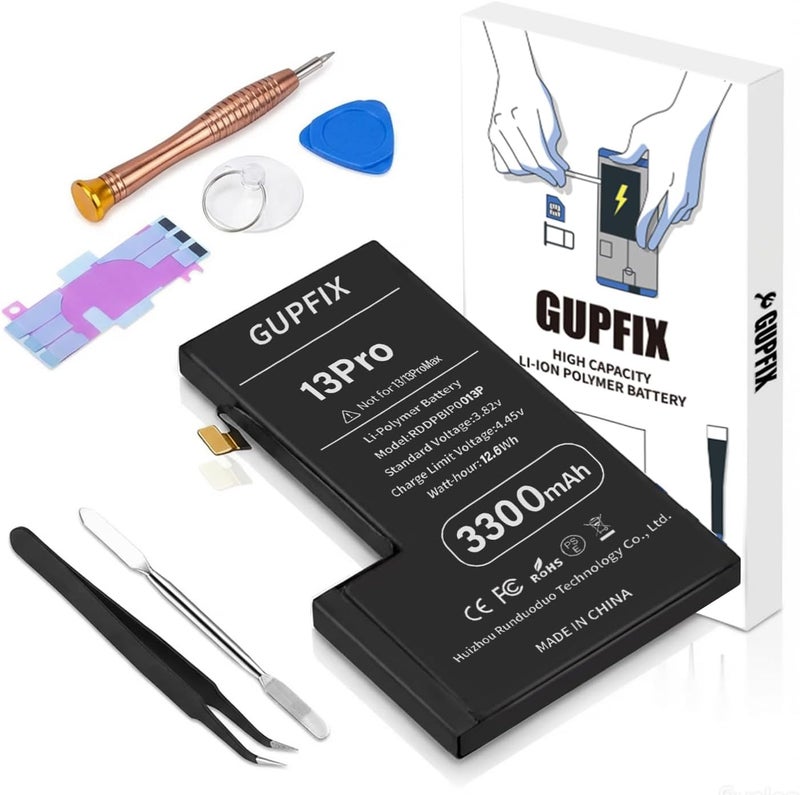 GUPFIX Diagnostic Battery for iPhone 13Pro No Pop-up Unknown Part Warning, 3400mAh High Capacity Li-Polymer Rechargeable Battery Replacement for iPhone 13Pro with Full Tool Kit - Image 1